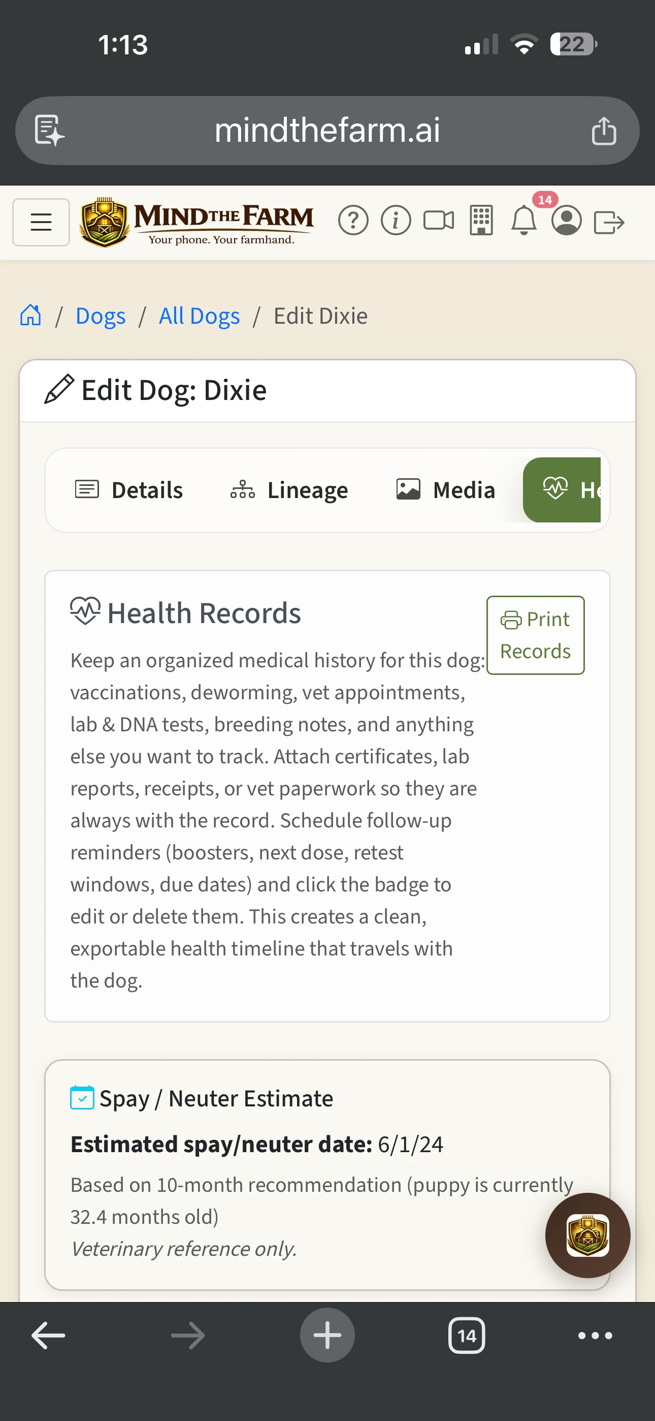 Health records showing vaccination history, deworming logs, and next due dates