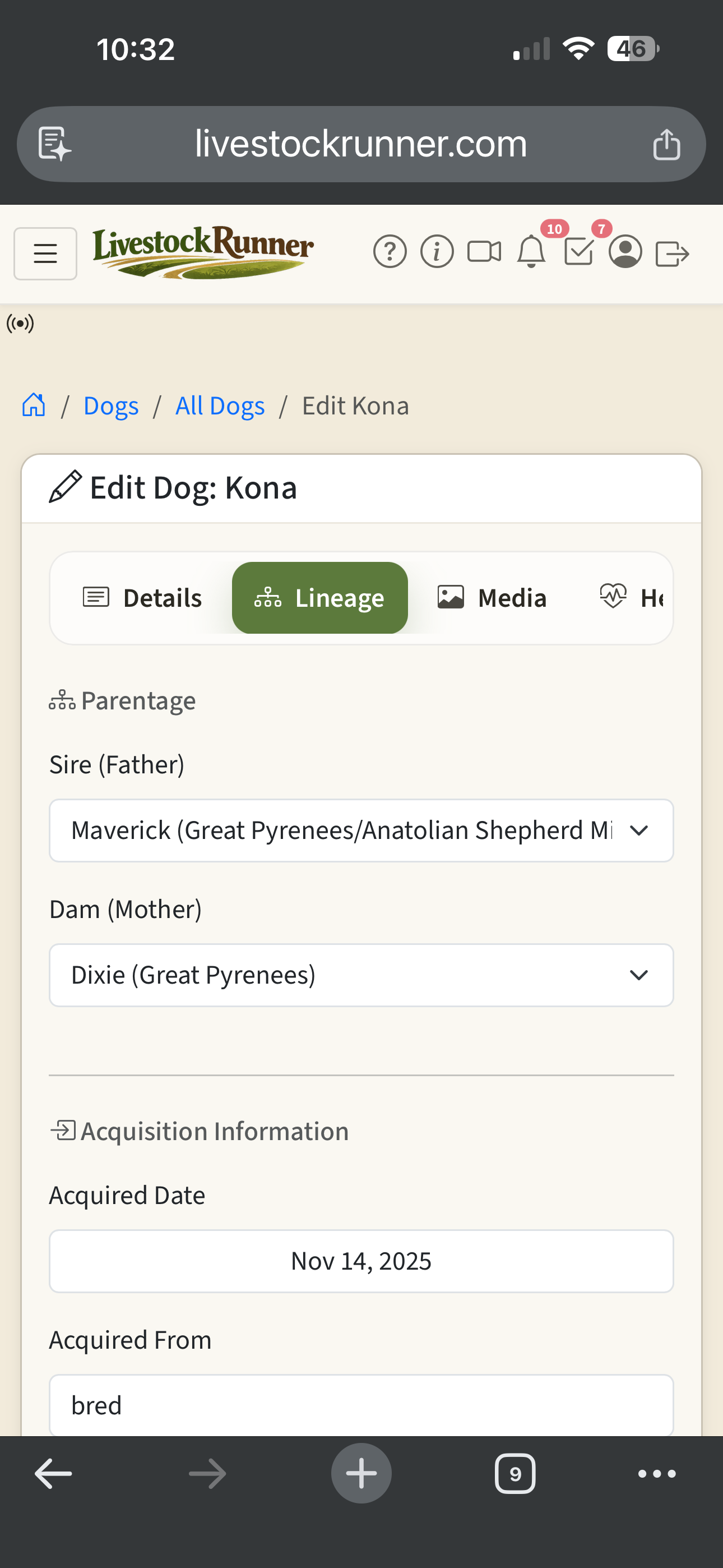Animal lineage view showing sire, dam, and acquisition details
