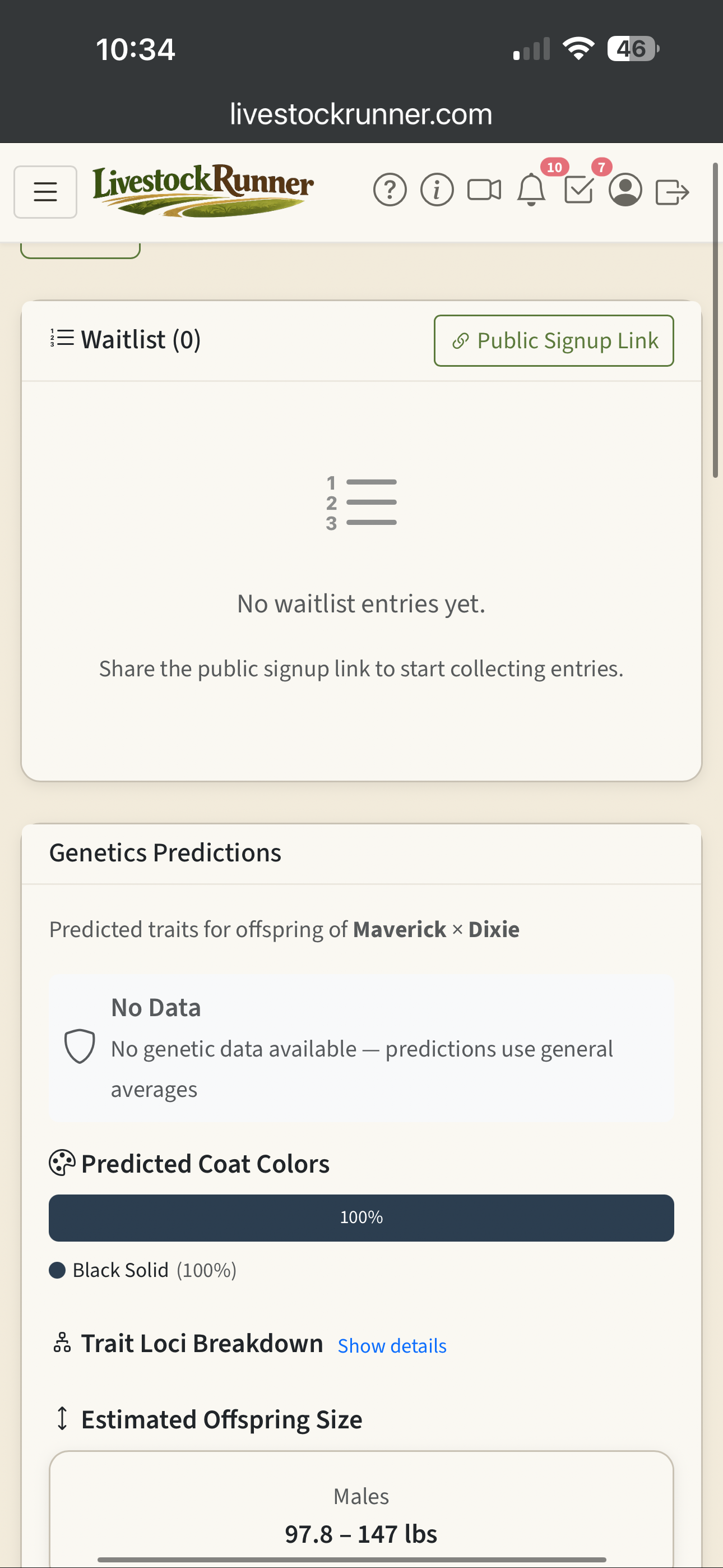 Litter waitlist and genetics predictions with coat color breakdown