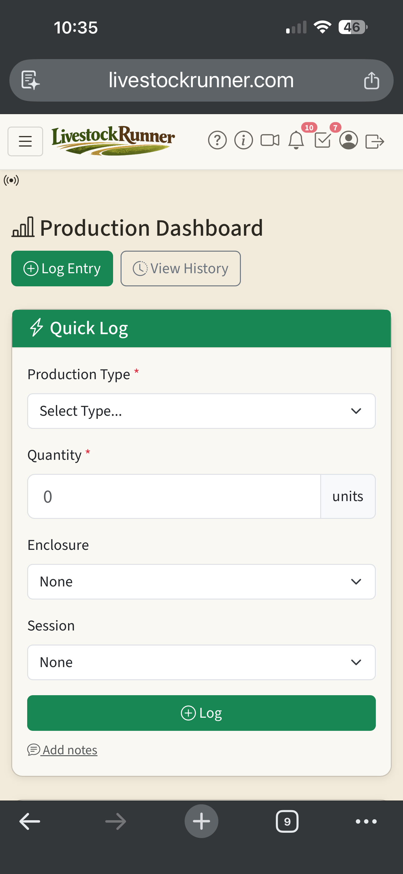 Daily production dashboard with quick log form and summary cards