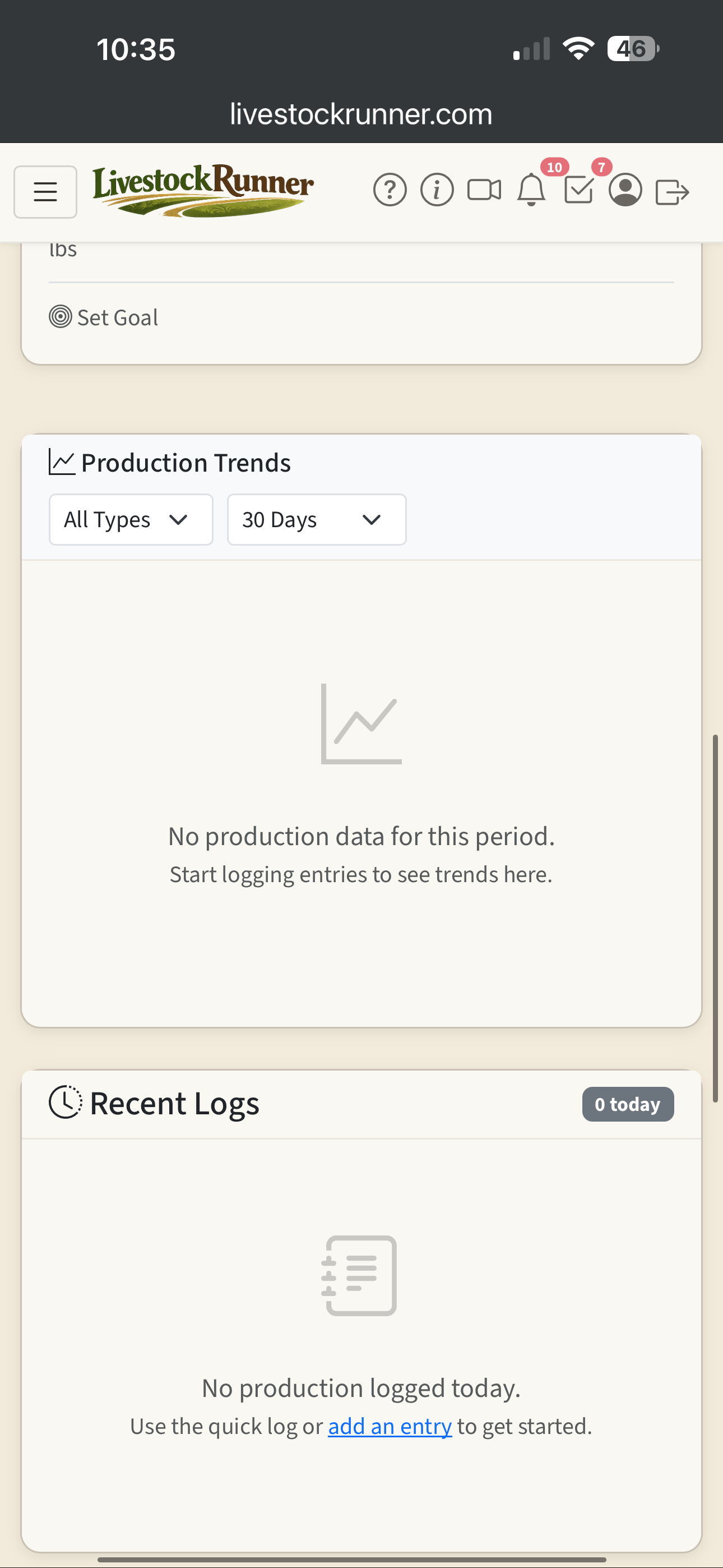 Production trends and recent logs showing output over time