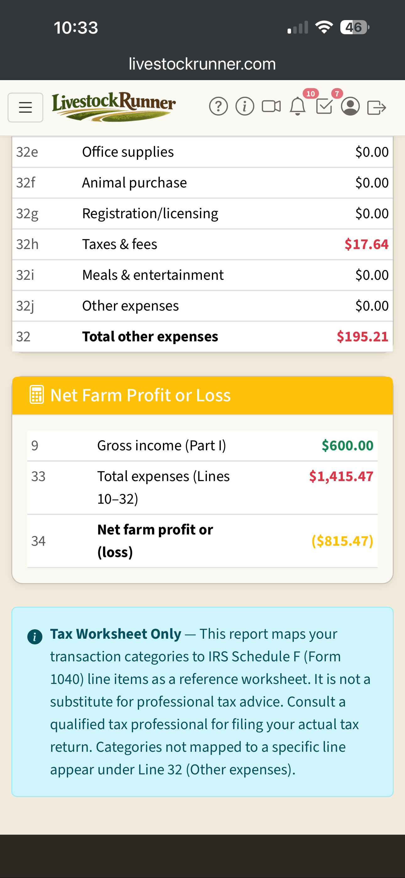 Schedule F profit or loss summary with net farm calculation