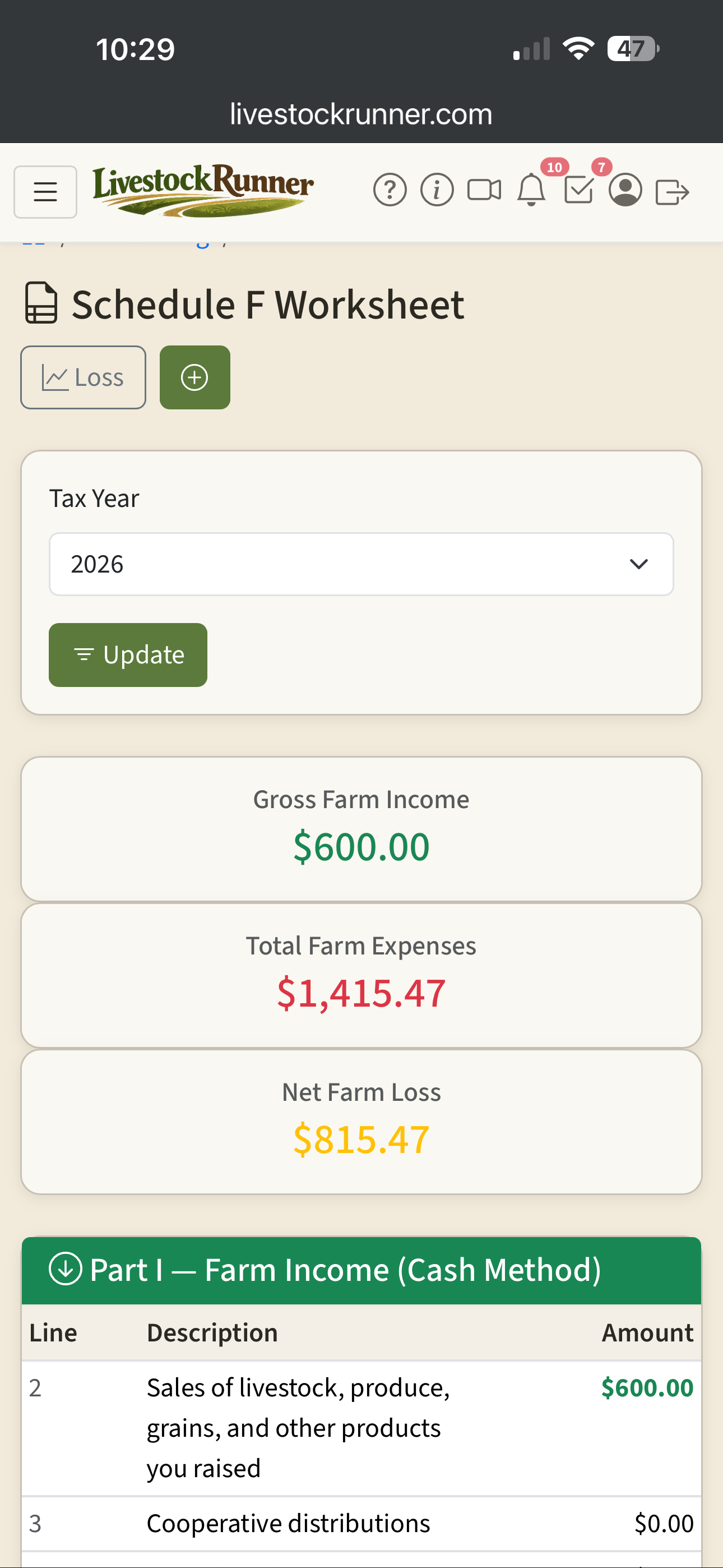 Schedule F tax worksheet with auto-populated line items