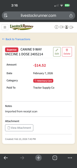 Farm accounting transaction list showing income and expenses